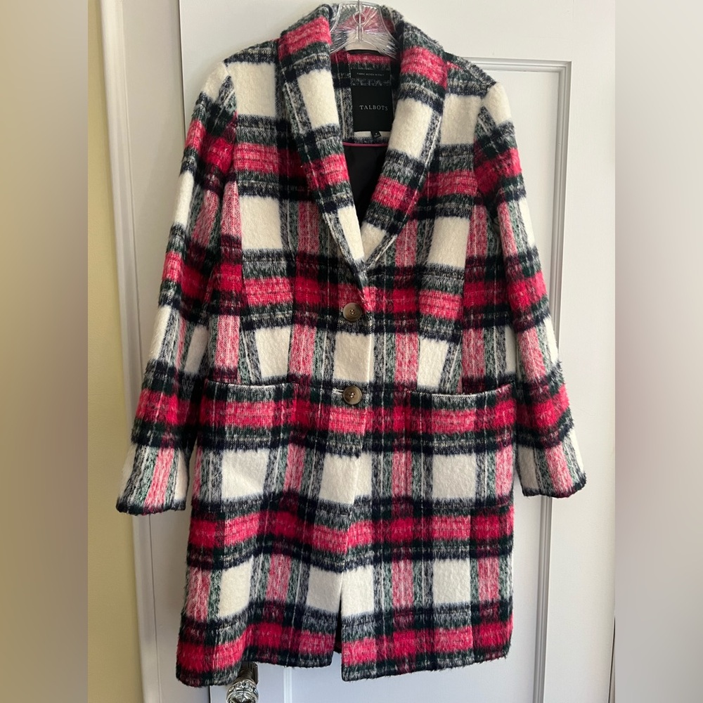 TALBOTS wool blend brushed plaid coat ivory pink -4-EUC worn once!